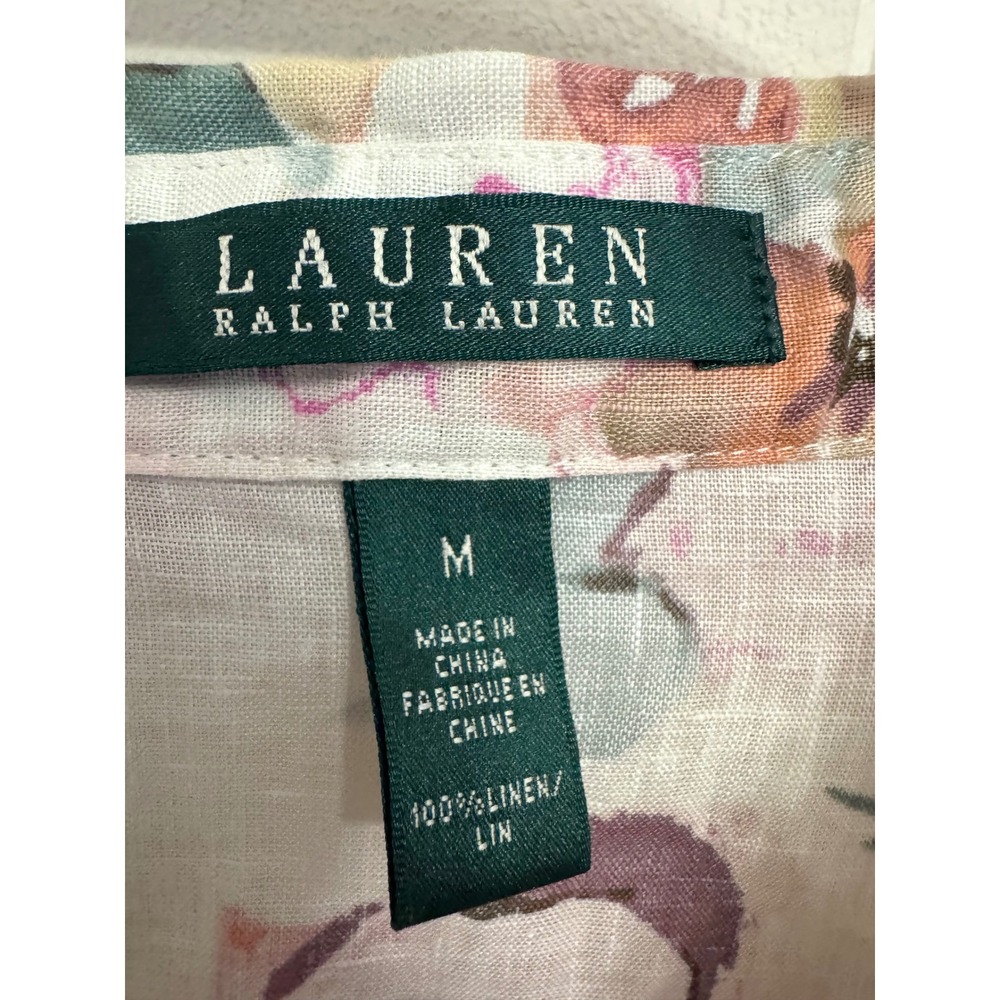 Lauren Ralph Lauren Floral Linen Button Down Shirt Medium 3/4 Sleeve Designer - Picture 5 of 5
